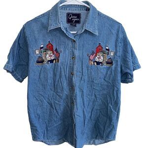 Vintage Lets Quizz Again Embroidered Chambray Button Up Shirt